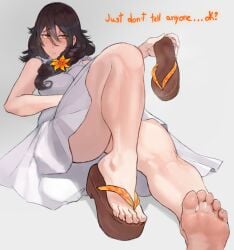 1girls aradia_(night_of_revenge) big_breasts black_hair blush dress embarrassed feet feet_fetish flower foot_fetish foot_focus hair_ornament long_hair night_of_revenge okobo one_bare_foot open_mouth partially_clothed sandals scas simple_background solo text thick_thighs toes yellow_eyes