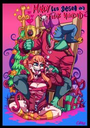 1boy1girl barely_clothed castleart cat_ears christmas_tree demon holding_hands holidays jester_hat lolipop mindy_(castleart) monster orange_hair sharp_teeth spanish_text striped_legwear succubus tagme tongue_out