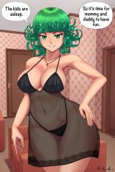 1girls alternate_costume alternate_version_available big_breasts black_panties breasts cleavage english english_text female female_only green_eyes green_hair hair hand_on_hip hips lace lingerie looking_at_viewer mature mature_female mature_woman milf necklace neckwear nightgown one-punch_man panties rocky-ace short_hair smile solo solo_female speech_bubble tatsumaki text wide_hips