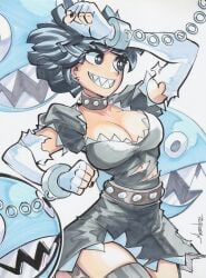 1girls bare_thighs belt black_collar black_dress black_eyes black_hair black_nail_polish chain_chomp chained chains chompette chris_metzner cleavage collar cuffed cuffs dress female female_focus gloves long_sleeves mario_(series) metal_belt metal_collar nail_polish new_super_mario_bros._u_deluxe ripped_clothing ripped_dress sharp_teeth short_hair smile super_crown super_mario_bros. thick_thighs