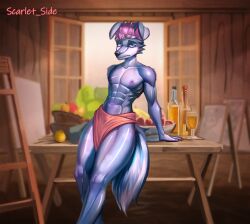 1boy abs anthro blue_body blue_eyes blue_fur boy canid canine canis digital_media_(artwork) femboy fluffy fluffy_tail fur furry guy heart_marking heart_tattoo illustration male male_only muscles nipples oc original original_character pink_hair pose posing scarlet_side sfw still_life tail