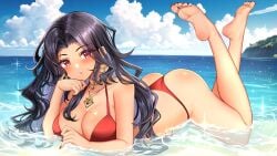 absurd_res beach big_breasts dark_hair feet female female_only hi_res light-skinned_female looking_at_viewer necklace nijisanji nijisanji_en outdoors posing red_eyes scarle_yonaguni swimsuit virtual_youtuber vtuber wallpaper