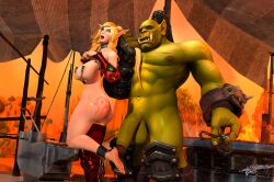 1boy 1girls 3d bellakvo big_ass big_breasts blizzard_entertainment blonde_hair blood_elf branding_mark collar green_eyes green_skin high_heels horde_symbol interspecies nipple_clamps orc orc_(warcraft) orc_dom orc_male orced thick_thighs thighhighs valeera_sanguinar warcraft world_of_warcraft