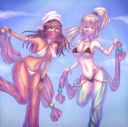 2girls airi_(lilitales) armpits bare_thighs blue_eyes breasts brown_hair brown_panties cleavage cutiesyakeko dancer dancing dark-skinned_female dark_skin female female_only green_eyes grey_hair inner_thighs large_breasts legs lilipalace lilitales long_hair looking_at_viewer lunarie_el_blanca mouth_veil multiple_girls panties ponytail revealing_clothes see-through sideboob smile thighs underboob veil white_panties