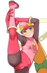 1girls armpits blonde_hair blush bodysuit boots cameltoe erect_nipples female flat_chest gloves green_eyes helmet leg_up light-skinned_female long_hair mega_man mega_man_battle_network nanishimezi nipples nipples_visible_through_clothing ponytail pussy roll.exe small_breasts solo splits sweat tagme thighhighs young