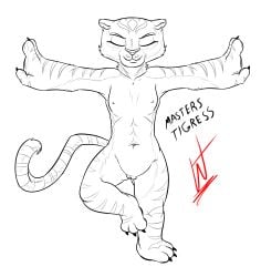 2019 absurd_res anthro breasts claws closed_eyes dreamworks english_text felid female fur genitals hi_res kung_fu_panda mammal master_tigress navel nipples nude pantherine pose pussy signature simple_background small_breasts solo striped_body striped_fur stripes tai_chi text tiger wastedtimeee white_background yoga