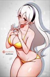 alternate_costume bikini breasts cleavage corrin_(fire_emblem) corrin_(fire_emblem)_(female) female female_only fire_emblem fire_emblem_fates gesture gold_bikini gold_swimsuit heart_hands jaxartdump nintendo solo swimsuit yellow_bikini yellow_swimsuit