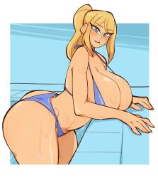 1girls big_ass big_breasts bikini blonde_female blonde_hair blue_eyes busty curvy female female_focus female_only good_artwork looking_at_viewer metroid nintendo pawg pool poolside samus_aran saucymojo thick_ass thin_waist voluptuous voluptuous_female