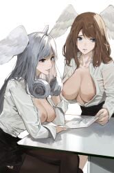 2girls blue_eyes breasts brown_hair cleavage eunie_(xenoblade) exposed_breasts exposed_nipples female female_only high_entia j@ck large_breasts leggings medium_breasts melia_antiqua multiple_girls nipples nude nude_female office_clothing office_lady paper shirt silver_hair sitting skirt table topwear unbuttoned unbuttoned_shirt uniform uniform_top white_shirt wings wings_on_head xenoblade_(series) xenoblade_chronicles xenoblade_chronicles_3