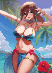 1girls alternate_costume armlet bikini blue_eyes blue_hair blue_sky bracelet breasts circlet cloud dancer day female flower go-toubun_no_hanayome gold gold_bracelet gold_jewelry harem_outfit hibiscus highres hiyoku jewelry large_breasts long_hair looking_at_viewer nakano_miku navel neck_ring necklace ocean open_mouth outdoors pelvic_curtain ponytail red_flower sky smile solo stomach swimsuit thighlet