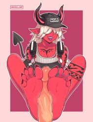 1girls cap clothing demon demon_girl demon_horns desdemona_(fortnite) dick feet feet_on_penis female foot_fetish footjob fortnite horn nails overalls penis penis_grab pointy_ears pointy_nails red_body sitting soles tattoo toes vesna_art