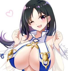 1girls ak86812023 azur_lane big_breasts black_hair clothed clothing dragon_empery_(azur_lane) earring eyebrows_visible_through_hair female female_only happy heart light-skinned_female light_skin one_eye_closed pink_eyes simple_background solo ting_an_(azur_lane) white_background wink