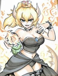 1girls bare_arms bare_midriff bare_shoulders bare_thighs belly_button black_bracelet black_choker black_panties black_skirt black_top black_topwear blonde_hair blonde_ponytail blue_eyes bowsette bracelet brooch chocker chris_metzner clothing female female_only fire head_horn horns long_hair mario_(series) midriff navel new_super_mario_bros._u_deluxe panties ponytail reptile_tail shell skirt solo spiked_bracelet spiked_choker standing stockings super_crown tail thick_thighs tied_hair top topwear turtle_shell