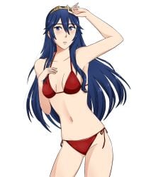 1girls alisa_(vallurite) alternate_costume bare_arms bare_legs bare_midriff bare_shoulders bare_thighs bikini blue_eyes blue_hair blush female female_only fire_emblem fire_emblem_awakening long_hair lucina_(fire_emblem) midriff navel nintendo red_bikini red_swimsuit solo swimsuit tiara