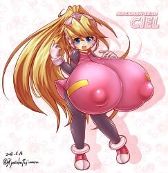 1girls blonde_hair blue_eyes breasts_bigger_than_head breasts_bigger_than_torso ciel_(mega_man) female huge_breasts hyper_breasts kyosuke_fujiwara mega_man mega_man_zero nipple_bulge shortstack solo