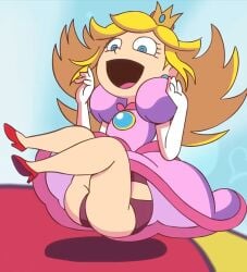 1girls 4_fingers accurate_art_style ass blonde_hair blue_eyes butt crown dress_lift dress_up egoraptor egoraptor_(artist) headwear heels mario_(series) mushroom nintendo panties pantyshot princess_peach princess_peach_(starbomb) red_heels red_shoes shoes starbomb super_mario_bros.