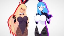 2girls 3d ahoge alma_armas alternate_version_available blonde_hair blue_hair bowtie bunny_ears bunny_girl bunnysuit dark-skinned_female dark_skin glasses hand_behind_back hand_on_hip holding_glass kira_miki koikatsu large_breasts light-skinned_female light_skin long_hair looking_at_viewer simple_background spiritofrei va-11_hall-a