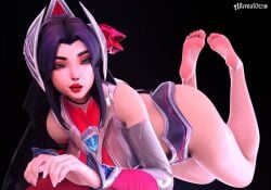 3d alternat0r218 barefoot blue_eyes blue_hair feet feet_up irelia_xan league_of_legends lipstick long_hair long_nails looking_back nails no_background no_panties seductive_look soles toes