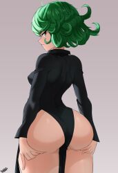 1girls annoyed ass ass_focus ass_support big_ass black_dress bottomless breasts bubble_ass bubble_butt clothing dat_ass dress female female_only green_eyes green_hair hair hands_on_ass holding_ass huge_ass looking_back no_panties one-punch_man pelvic_curtain short_hair small_breasts sol-sama_d2 solo solo_female tatsumaki thighs