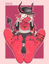 1girls cap clothing demon demon_girl demon_horns desdemona_(fortnite) feet female foot_fetish fortnite horn nails overalls pointy_ears pointy_nails red_body red_toenails sharp_toenails sitting tattoo vesna_art