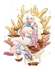 big_breasts blonde_hair blue_eyes breasts clothed clothed_female clothes_lift color colored covered_nipples eggs fanart female food food_creature food_humanoid french_fries girl lifting_shirt louten sketch thick thick_thighs white_background