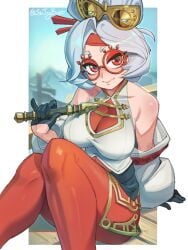 1girls artist_name big_breasts border breasts chopsticks_in_hair flute glasses gloves holding_flute jacket_off_shoulders looking_at_viewer nintendo purah purah_(tears_of_the_kingdom) red_eyes safe_for_work sfw sintrybest_(artist) sitting tears_of_the_kingdom the_legend_of_zelda thick_thighs white_border white_hair