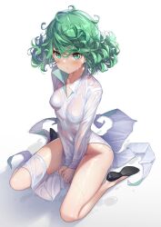 1girls arms_between_legs black_shoes blush clenched_hands curly_hair cute female female_only flats green_eyes green_hair hands_between_legs hong_(white_spider) kneeling legs_spread long_hair looking_at_viewer messy_hair one-punch_man petite raincoat shadow shoes sitting sitting_on_floor sitting_on_knees soaked spread_legs spreading tatsumaki transparent_clothing wet white_background