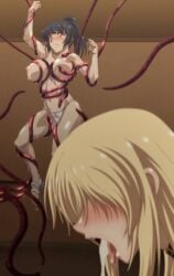 2girls anime_screencap areolae black_hair blonde_hair blush breast_grab breasts cum hips large_breasts legs long_hair multiple_girls nipples open_mouth ova panties rakuen_shinshoku_island_of_the_dead screencap semen stitched tentacle tentacles thighs tied_up tongue tummy vomiting_cum wet_tentacles