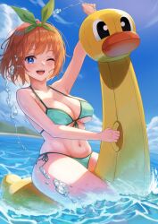 1girls :d absurdres arm_up bare_arms bikini bird blue_bikini blue_eyes blush bow breasts cleavage clouds collarbone commentary cowboy_shot curvy day double-parted_bangs duck eyebrows_hidden_by_hair eyelashes female floatie front-tie_bikini_top front-tie_top go-toubun_no_hanayome green_ribbons hair_between_eyes hair_ribbon happy highres hiyoku large_breasts looking_at_viewer medium_hair nakano_yotsuba navel ocean one_eye_closed open_mouth orange_hair outdoors partially_submerged ribbon riding side-tie_bikini_bottom sitting skindentation smile smiling solo splashing stomach swimsuit teeth thick_thighs thighs upper_teeth_only water waves