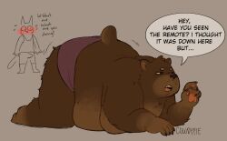 absurd_res anthro bear belly_rolls blush bodily_fluids brown_body brown_fur clothed clothing cowdypie domestic_cat duo english_text erection erection_under_clothing felid feline felis flying_sweatdrops fur hi_res klaus_(cowdypie) male mammal moobs obese obese_anthro obese_male open_mouth overweight overweight_anthro overweight_male pawpads remi_(cowdypie) sweat sweatdrop text topless