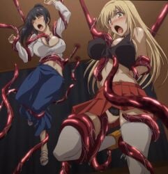 2girls black_hair blonde_hair blush breasts closed_eyes clothing hips large_breasts multiple_girls nipples open_mouth panties rakuen_shinshoku_island_of_the_dead screencap skirt tentacle thick_thighs thighhighs thighs tied_up tummy wet_tentacles yellow_eyes