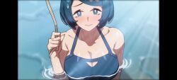 1girls big_breasts blue_eyes blue_hair blue_swimsuit blush boob_window drunkoak hair_ornament in_water lana's_mother_(pokemon) looking_at_viewer milf nintendo pokemon pokemon_sm short_hair swimsuit