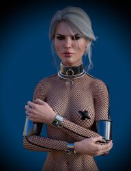 3d 3d_(artwork) arm_cuffs bondage bondage_outfit breasts ciri ciri_(cosplay) ciri_(daz) collar cuffs daz_studio female female_only fishnet fishnet_bodysuit joaquinpiton medium_breasts metal_collar navel no_background pasties solo solo_female the_witcher_(series) white_hair wrist_cuffs x_pasties