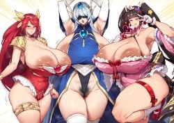 3girls areola_slip areolae armpits arms_up big_breasts blind_princess blindfold blush brown_hair c-77_hongryeon cleavage curvy female female_only huge_breasts inverted_nipples kunoichi_enrai last_origin leotard looking_at_viewer magical_girl mature_female milf multiple_girls nipple_slip pale-skinned_female pale_skin peace_sign pubic_hair red_eyes silver_hair sweat sweatdrop thick_thighs thigh_strap thighhighs thirty_8ght twintails venus_body voluptuous