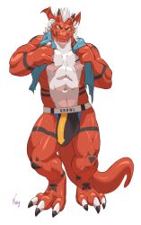 1boy 2023 3_fingers absurd_res anthro bandai_namco bulge claws clothed clothing detailed_bulge digimon digimon_(species) dragon fingers genital_outline growlmon hair hi_res jockstrap male male_only markings multicolored_body multicolored_scales muscular muscular_anthro muscular_male negger pecs penis_outline red_body red_scales reptile scales scalie solo tribal tribal_markings two_tone_body two_tone_scales underwear white_body white_hair white_scales yellow_eyes