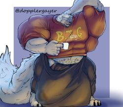 abs alexi_(alexithewerewolf) anthro balls bulge canid canine coffee_mug dopplergayer furry furry_only hand_behind_head hoodie huge_balls huge_bulge huge_cock huge_muscles huge_pecs hyper hyper_balls hyper_bulge hyper_muscles hyper_penis male male_only mammal mane musclegut muscles muscular muscular_anthro muscular_arms muscular_legs muscular_male pants pecs penis penis_base pubic_hair solo solo_focus solo_male tail veiny_penis werewolf wolf