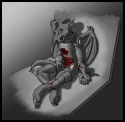 absurd_res anthro bite_mark blood blood_from_mouth blood_in_mouth blood_on_clothing blood_on_face bodily_fluids claw_marks clothing corpse death dragon erection gore grabbing_stomach hi_res hole_in_chest male male_death monochrome revertigo simple_background sitting solo wings