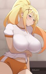 alternate_costume aqua_eyes arm_under_breasts blonde_hair bralines breasts buruma closed_mouth collarbone darkness_(konosuba) female gym_uniform hair_ornament hairclip highres impossible_clothes impossible_shirt jampen kono_subarashii_sekai_ni_shukufuku_wo! large_breasts leaning_to_the_side light_frown long_hair looking_at_viewer navel orange_buruma ponytail shirt short_sleeves sidelocks solo twitter_username white_shirt