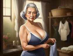 ai_generated big_breasts dressed elderly_female gilf grandmother grandparent granny laundry laundry_room mature mature_female mature_woman milf mother stable_diffusion