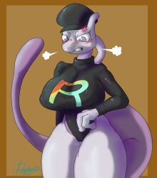 angry anthro clothing female generation_1_pokemon hi_res legendary_pokemon mewtwo nintendo pokemon pokemon_(species) solo tail team_rainbow_rocket team_rocket thighs