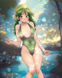 1girls 77shaya77 blush cleavage female female_only fire_emblem fire_emblem:_the_blazing_blade forest green_eyes green_hair green_one-piece_swimsuit green_swimsuit headwear looking_at_viewer nintendo one-piece_swimsuit rebecca_(fire_emblem) smile solo swimsuit twintails water