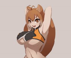 1girls animal_ears animated antenna_hair arc_system_works armpits arms_behind_head arms_up athletic_female blazblue bouncing bouncing_breasts breasts brown_eyes brown_hair buck_teeth crop_top dippsheep female female_only gif hair_between_eyes large_breasts light-skinned_female light_skin looking_at_viewer loop makoto_nanaya midriff multicolored_hair navel one_eye_closed open_mouth revealing_clothes simple_background solo squirrel_ears squirrel_girl squirrel_tail stomach stretching tail teeth tuxedopato underboob upper_teeth_only wink winking_at_viewer