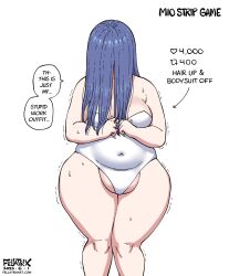 1girls bbw big_ass big_breasts big_butt blue_hair bulge clothed dialogue dress embarrassed fat fat_woman fellatrix female female_only huge_fupa mio_(fellatrix) overweight solo strip_game sweat tagme white_background wide_hips