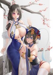 2girls alternate_costume azur_lane big_breasts black_hair blue_eyes blush clothed clothing dragon_empery_(azur_lane) huge_breasts hwah_jah_(azur_lane) hwah_jah_(the_festive_undead)_(azur_lane) light-skinned_female light_skin official_alternate_costume pink_eyes talisman ting_an_(azur_lane) touching_breast tree 一串乱码_晓