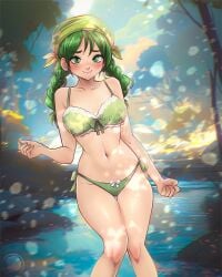 1girls 77shaya77 alternate_costume bikini blush female female_only fire_emblem fire_emblem:_the_blazing_blade forest green_bikini green_eyes green_hair green_swimsuit headwear looking_at_viewer nintendo rebecca_(fire_emblem) smile solo swimsuit twintails water