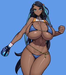 1girls alternate_breast_size bikini black_hair blue_bikini blue_eyes breasts dark-skinned_female dark_skin female gym_leader huge_breasts long_hair nessa_(pokemon) nintendo pokemon pokemon_ss tagme thighs wolffeld_price