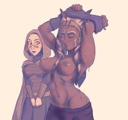 2girls ahsoka_tano athletic_female barriss_offee being_watched belt big_breasts blush breast_envy breasts clone_wars closed_eyes duplicate embarrassed female female_focus female_only headband long_skirt looking_at_another looking_at_breasts mirialan muscular_arms muscular_female nipples no_bra open_eyes raikoh-illust removing_clothing shirt_up shirtless side_view skirt star_wars staring_at_breasts steam sweat the_clone_wars:_season_seven tired togruta undressing wet yuri