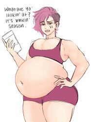 1girls arcane arcane_vi belly big_belly cleavage eeatek english_dialogue female hand_on_hip huge_belly large_ass league_of_legends looking_at_viewer musclegut muscular_female navel pink_hair riot_games short_hair solo talking_to_viewer tattoo tight_clothing vi weight_gain