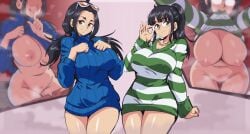 2girls akuma_no_mi belly big_breasts black_hair clone cuerpo_fleur dual_persona female female_focus female_only glasses hana_hana_no_mi large_breasts lewdamone long_hair multiple_girls multiple_views nico_robin nipples one_breast_out one_piece one_piece_film_strong_world one_piece_film_z perfect_body post-timeskip pre-timeskip steam sweater_dress time_paradox