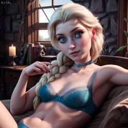 1girls ai_generated air34x blonde_hair blue_eyes bra choker collar disney elsa_(frozen) eye_contact frozen_(film) lingerie pose underwear